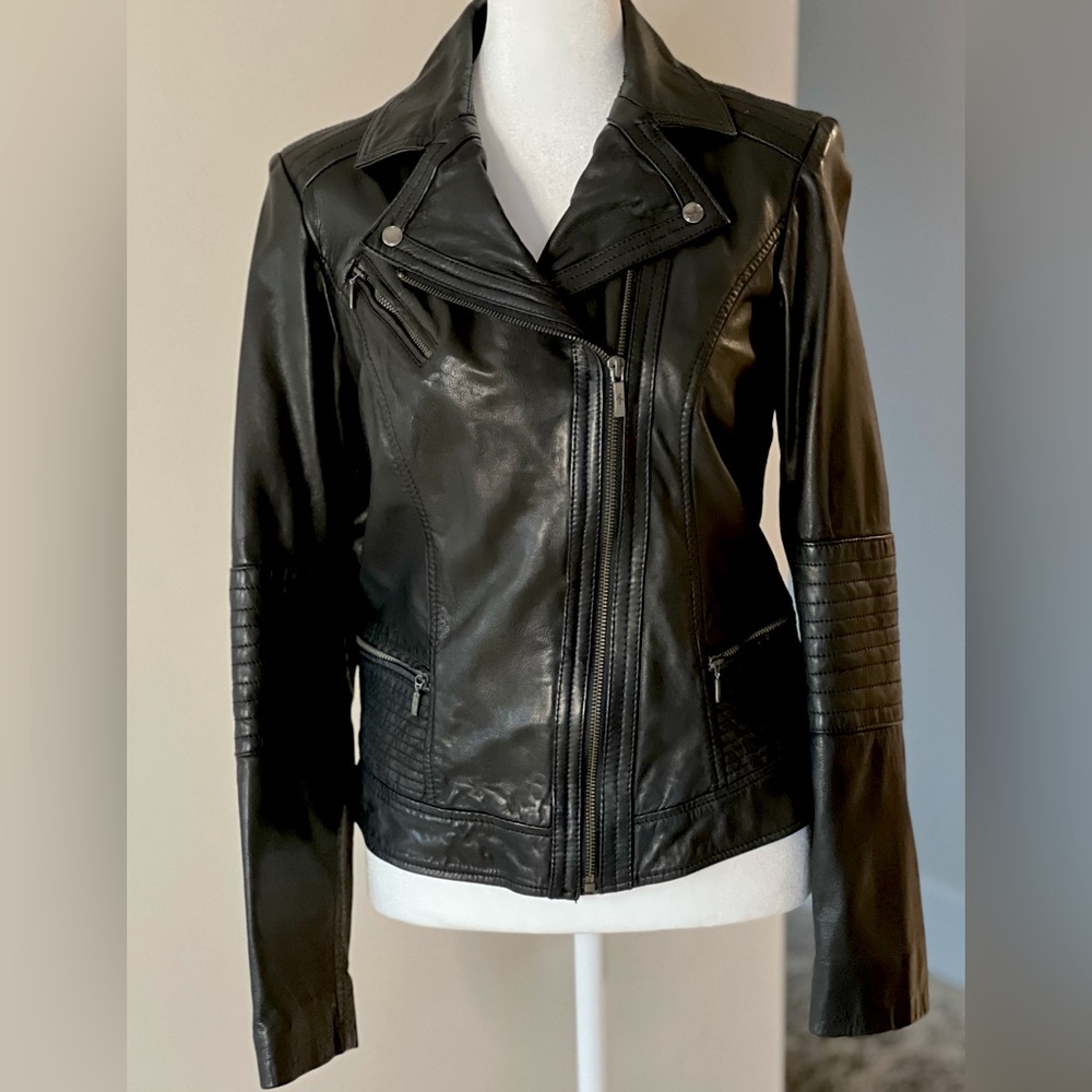 Cole Haan Black Leather Moto Jacket Size XS